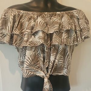 Brown Leaf Print Off-Shoulder Top
